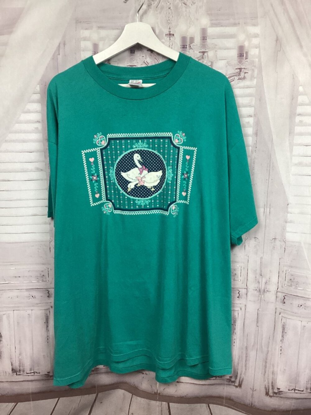Vintage Goose Print Tee Shirt Teal Short Sleeve 3XL